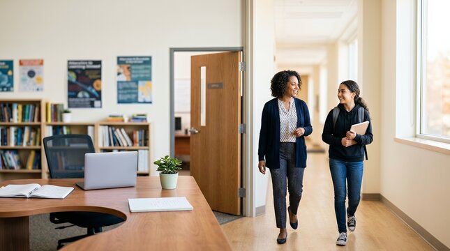 A friendly teacher walking and talking with a student in a school hallway.