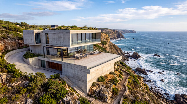 Modern house on a cliff by the ocean with large windows and a deck overlooking the water