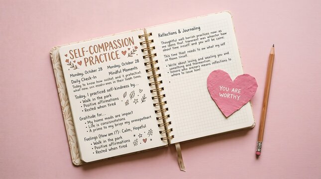 Open notebook with self compassion practice and pen