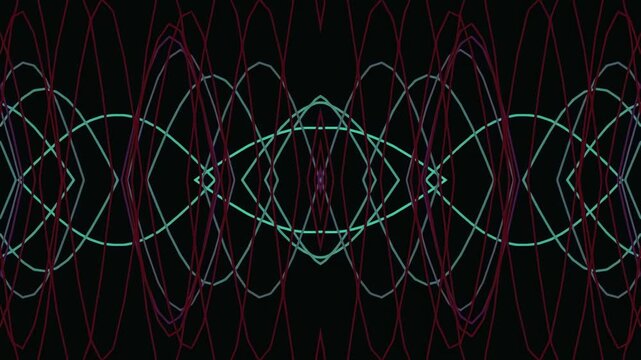 Abstract geometric pattern with symmetrical neon light waves on black background