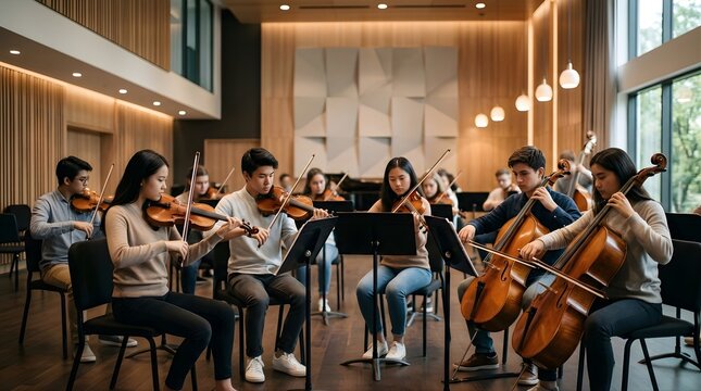 Young musicians playing violin and cello in a modern music school ensemble
