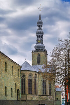 St Peters Church in Soest, Germany, apse view. Romanesque and gothic historic architecture under cloudy winter sky without snow