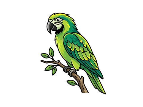 Green parrot perched on a branch in vector artwork style