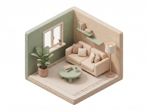 Isometric 3D illustration of modern cozy living room interior with sofa