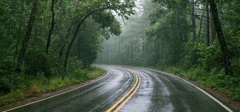 Through a dense foggy forest, a shiny wet highway reflects stormy skies in a striking natural setting.
