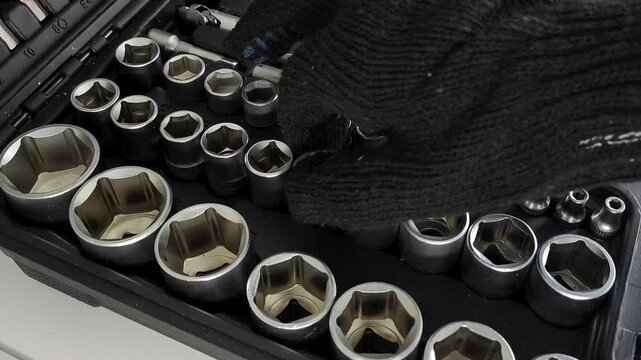 Worker taking socket from ratchet tool kit, tightening and removing bolts, automotive service, repair and mechanical assembly.