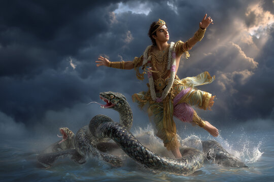  Krishna dances on the serpent Kaliya in a dramatic mythological river scene.
