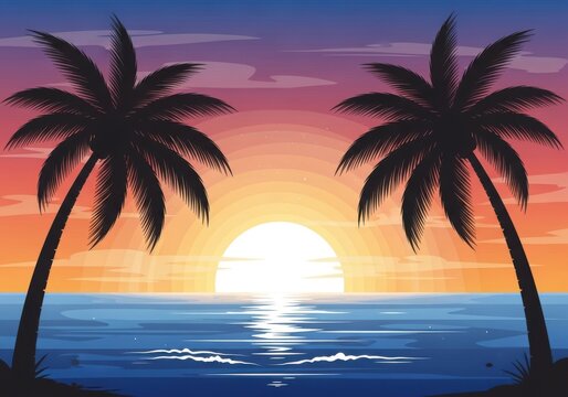 Tropical sunset with silhouetted palm trees by the sea illustration