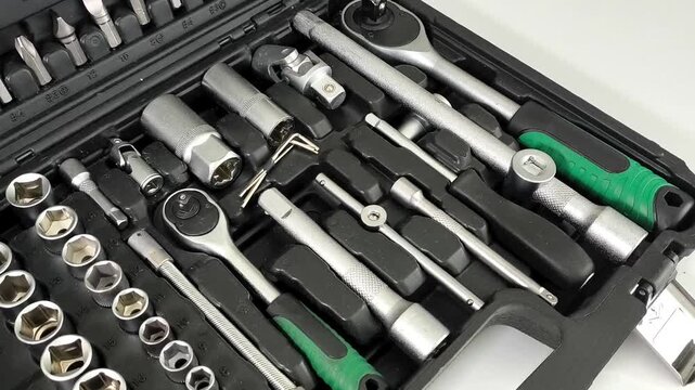 Socket set close up, professional mechanic tools for assembly and disassembly of threaded connections, automotive maintenance.