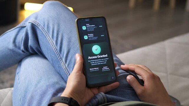 Smartphone shows successful passwordless access after identity verification, highlighting secure authentication, trusted sessions and the future of digital account protection.