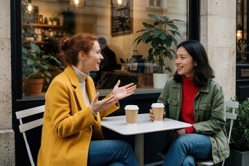 Two young women sit at outdoor cafe table talking, laughing. One caucasian woman in yellow coat gestures talking to Asian friend in green jacket. Enjoy coffee together on city sidewalk during sunny