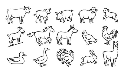 Obraz premium Farm animals in a simple line art style including cows pigs sheep and poultry