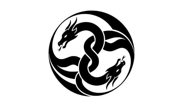 Elegant black and white circular design featuring two intertwined dragon heads in a tribal style
