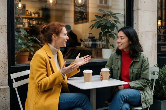 Two young women sit at outdoor cafe table talking, laughing. One caucasian woman in yellow coat gestures talking to Asian friend in green jacket. Enjoy coffee together on city sidewalk during sunny