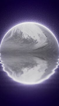 Surreal monochrome ocean wave inside a glowing half moon sphere, cinematic seamless 4K loop.