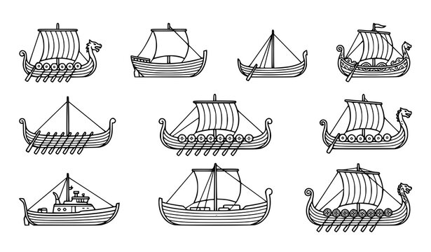 Collection of detailed black and white viking ships and longboats in various designs