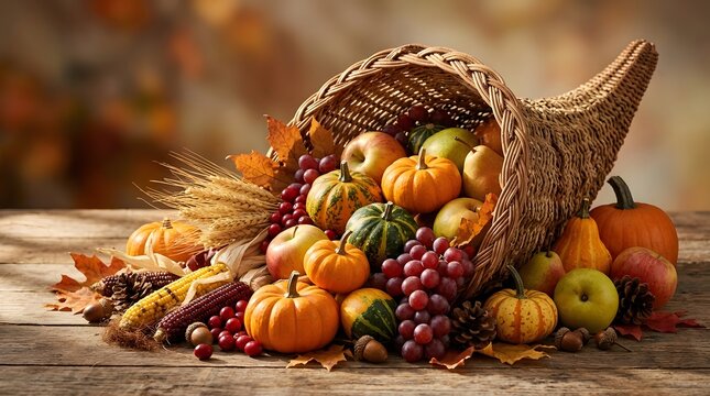 A traditional Thanksgiving cornucopia overflowing with autumn harvest fruits and vegetables.