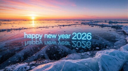 Fototapeta premium Happy New Year 2026 text glows over frozen ocean during sunrise. Beautiful winter landscape shows ice floes on sea water under colorful sky. Festive greeting card background with arctic nature