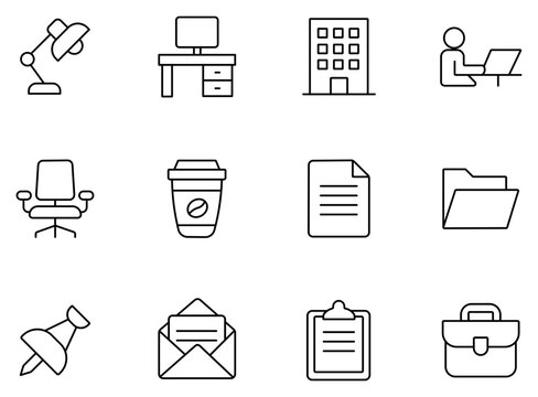 Minimalist office line icons, 12 business workspace vector elements. Professional corporate supplies and desk equipment symbols for web design.
