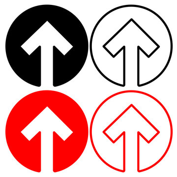 Minimalist up arrow icons in circular frames, set of 4 directional vector symbols, red and black upload and growth signs