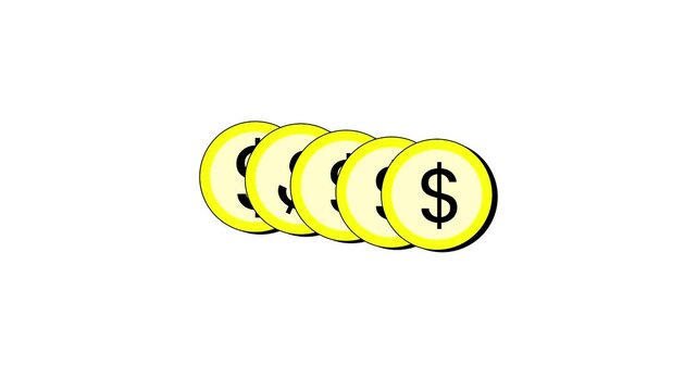Animated a row of five golden dollar coins, symbolizing financial growth, economic prosperity, and investment on a clear white background