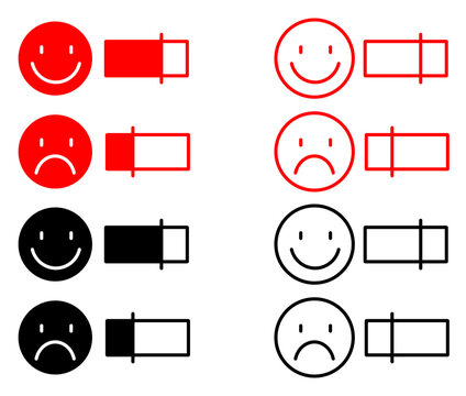 Minimalist customer satisfaction icons, feedback rating scale with emoticons, red and black mood tracker vector set for UI design