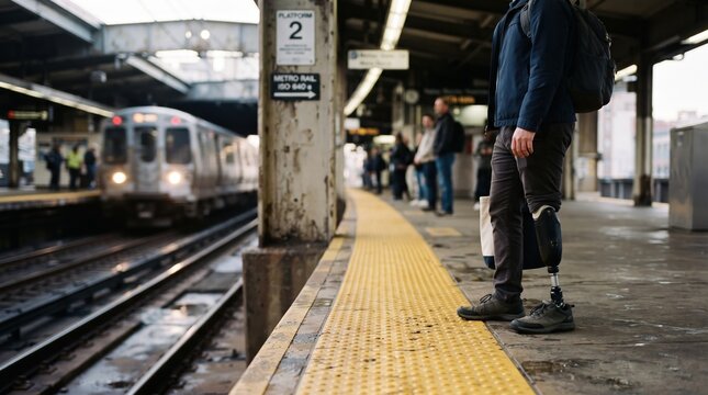 A man patiently stands on the yellow platform, his prosthetic leg visible, as a train approaches in the bustling urban setting during twilight. People move around, immersed in their journeys.
