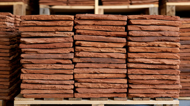Close view of stacked handmade terracotta tiles arranged on wooden pallets inside a rustic storage facility, irregular edges and natural earthy colors creating authentic material texture, ultra phot