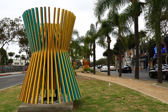 West Hollywood, California &ndash; July 1, 2026: The Seven Sisters temporary public art installation by Matthias Neumann on the Santa Monica Boulevard Median at N. Doheny Drive