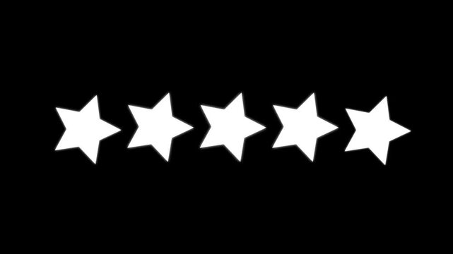 Animated five yellow stars rating on black background, customer review and feedback concept