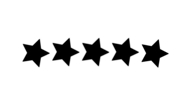 Animated five yellow stars rating on white background, customer review and feedback concept