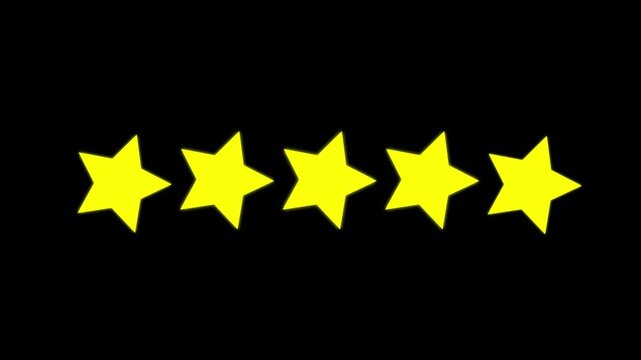 Animated five yellow stars rating on black background, customer review and feedback concept