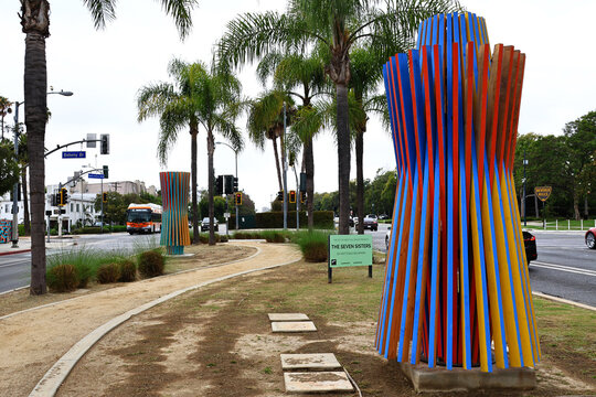 West Hollywood, California &ndash; July 1, 2026: The Seven Sisters temporary public art installation by Matthias Neumann on the Santa Monica Boulevard Median at N. Doheny Drive