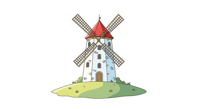 Charming cartoon illustration of a traditional white windmill with a red roof on a green hill.