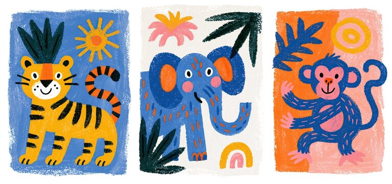 Bright and cheerful kids' room decor with whimsical doodles of tiger, elephant, and monkey animals.