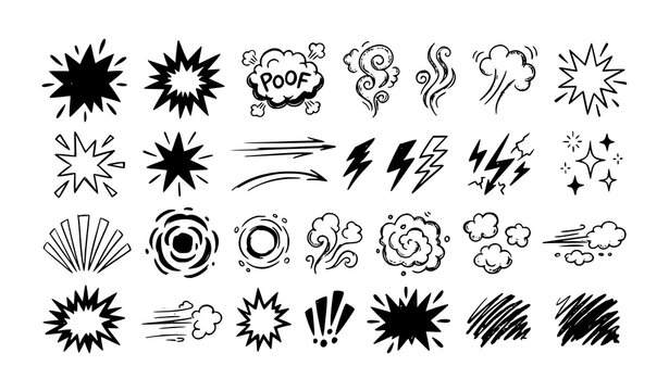 Crayon Comic Explosion and Smoke Effect Doodle Vector Clipart Collection