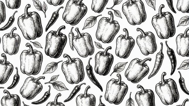 Monochrome pattern of bell peppers and chili peppers, rendered in vintage engraving style. This seamless design repeats various peppers and leaves, perfect for culinary or retro themes.