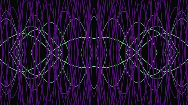Abstract geometric pattern with purple and green wavy lines on black background