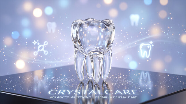 CrystalCare advanced oral hygiene premium dental care crystal tooth glowing icons purity innovation technology resilience inspiration wellness prevention strength   generative ai