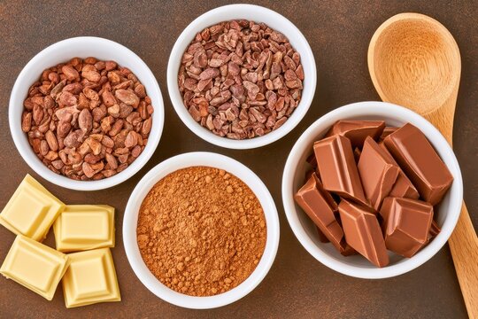Overhead flat lay of chocolate making ingredients including cocoa beans cocoa powder and chocolate bars