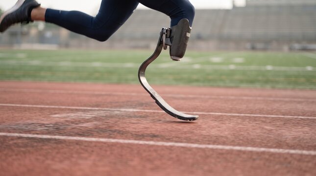 A determined athlete races down a red track during a sunny afternoon, showcasing a futuristic running blade. The energy is palpable as they push their limits.