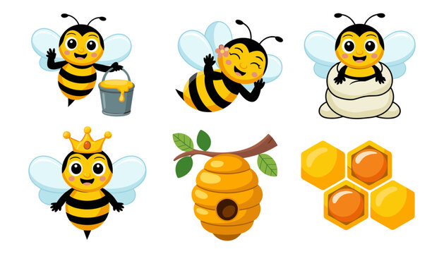 Cute Honey Bee Character Set with Queen Bee Hive Honeycomb and Bucket Symbols for Sweet Food Branding Designs