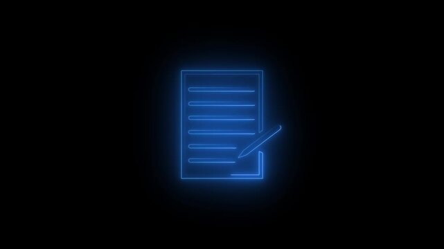 Neon glowing document line icon animation with pen on black background video...