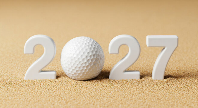 Golf ball 2027 new year concept, white numbers on sand bunker, golf tournament championship banner