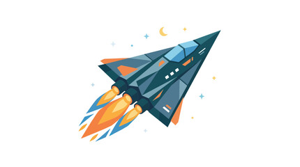 Fototapeta premium Sci-fi fighter jet launching with rocket engine flames.