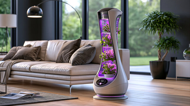 Smart hydroponic growing tower placed in modern living room. Indoor smart farming, hobby and urban gardening concept. Interior design for poster, presentation