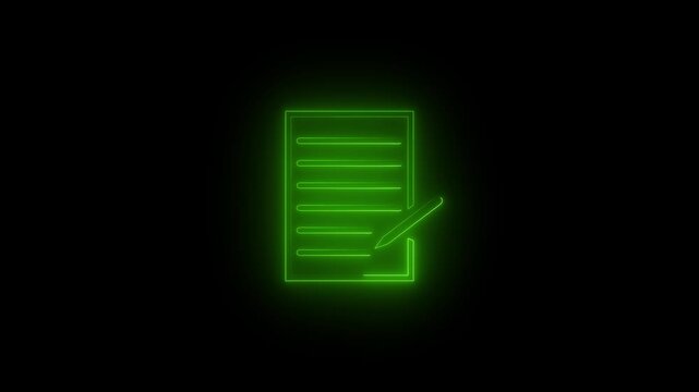 Neon glowing document line icon animation with pen on black background video...