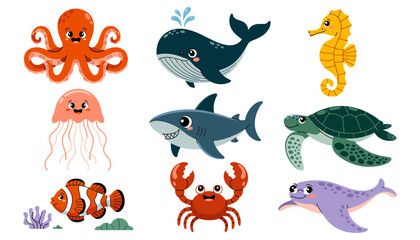 Fototapeta premium Cute Sea Animal Vector Character Set with Octopus Whale Shark Turtle Jellyfish and Crab for Kids Nursery Designs