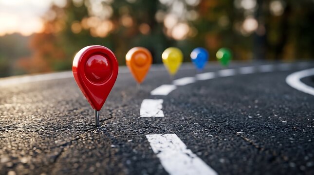 Colorful map pin markers placed along a winding asphalt road, representing travel routes, navigation, and key milestones.