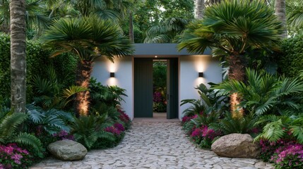 Fototapeta premium Serene garden entrance with lush tropical plants, stone pathway, modern lighting, vibrant flowers, and a peaceful atmosphere inviting tranquility and relaxation